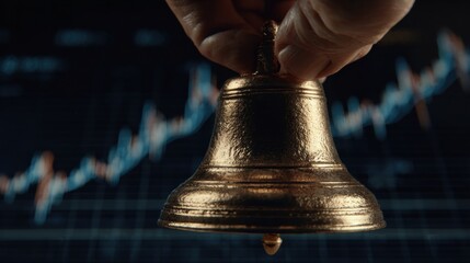 Market Bell: An image of a hand ringing a bell against a background of a financial graph, symbolizing the opening or closing of a market or indicating a significant financial event.