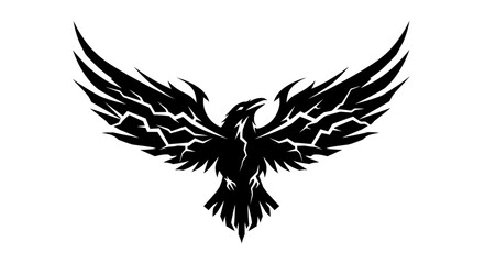 Obraz premium A striking black silhouette of a raven with outstretched, jagged wings, set against a white background.