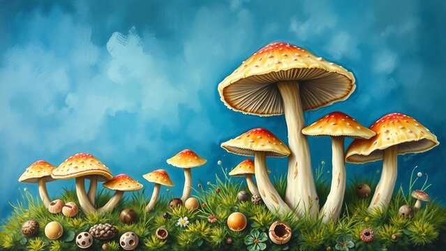 Beautiful illustration of fly agaric mushrooms with red caps and white dots in green grass, nature fantasy art with blue sky.