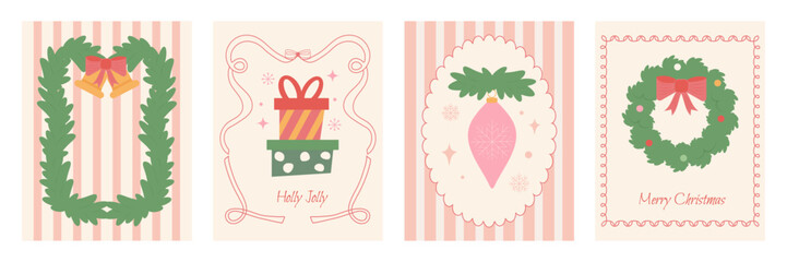  A set of Merry Christmas greeting cards. A Christmas wreath, fir branches, and gifts in hand-drawn frames. Vector illustration for holiday cards and banners.