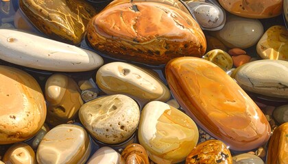 A close-up view of smooth, colorful stones, glistening with water, showcasing a variety of warm hues and textures.