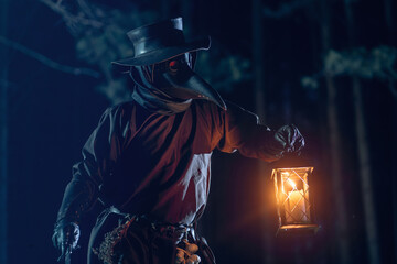 Eerie plague doctor illuminates dark forest with lantern.
