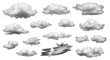 Diverse white fluffy wispy clouds, like cumulus and cirrus, with crisp edges and detailed structures, isolated on a deep black background, concept for digital compositing