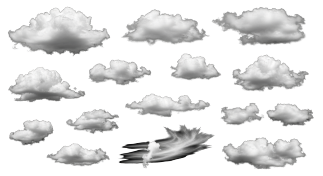 Diverse white fluffy wispy clouds, like cumulus and cirrus, with crisp edges and detailed structures, isolated on a deep black background, concept for digital compositing