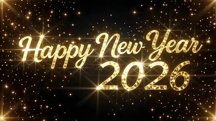 Happy New Year 2026 gold text animation with sparkling stars on black background - Powered by Adobe
