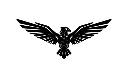 Fototapeta premium A striking black silhouette of an eagle with its wings spread wide, set against a white background.