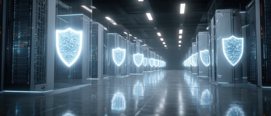 Cybersecurity Fortress: A state-of-the-art server room with digital shield icons, representing robust cybersecurity measures and data protection.