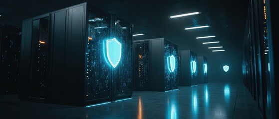 Secure Data Server: A modern server room showcases advanced data security with illuminated shields, symbolizing secure information storage, highlighting the technological advancements