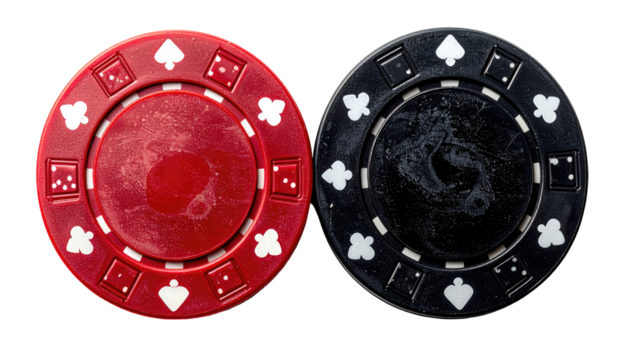 Two poker chips, red and black, close-up