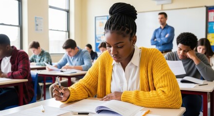 Diverse Students Take a Test in a Modern Classroom Setting