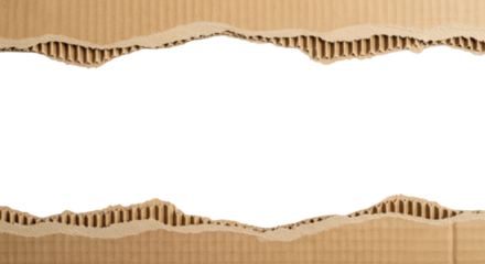 Two distinct horizontal strips of natural brown corrugated cardboard with rugged, torn edges revealing S-shaped fluting against a pristine transparent background for copy space, concept for textured
