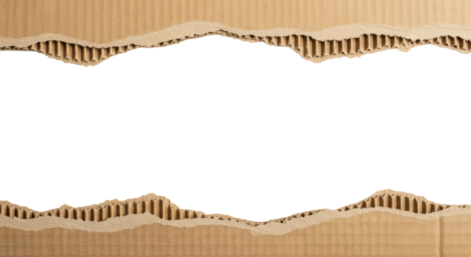 Two distinct horizontal strips of natural brown corrugated cardboard with rugged, torn edges revealing S-shaped fluting against a pristine transparent background for copy space, concept for textured