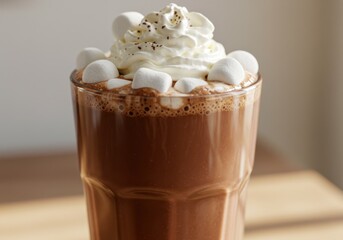Hot chocolate topped with whipped cream and marshmallows in glass  