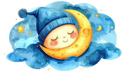 Cute moon child sleeping in a cloud at night