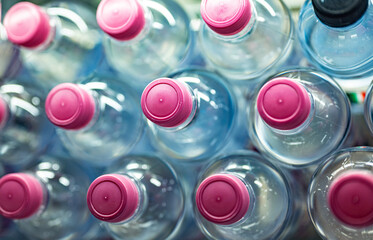 Plastic bottles with mineral water in a store