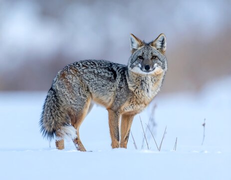 A gray fox stands in the snow
