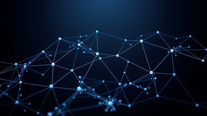 Abstract network of connected nodes and flowing lines in blue and silver on a dark background.