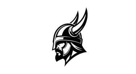 Fototapeta premium A stylized black and white illustration of a Viking warrior's profile, featuring a horned helmet and a beard.