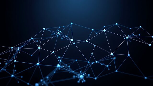 Abstract network of connected nodes and flowing lines in blue and silver on a dark background.