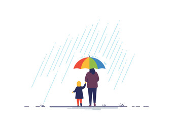 Rainy day walk with child and umbrella  