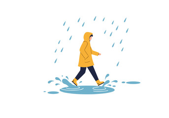 Person walking in yellow raincoat splashing in puddles under rain  