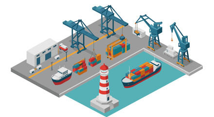 Isometric shipping port with cranes, containers, and lighthouse