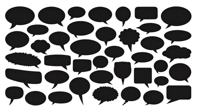 Dark silhouettes of various comic speech bubbles