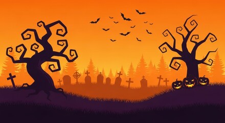 Spooky Halloween Graveyard Landscape with Silhouetted Trees and Pumpkins