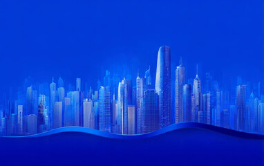 Obraz premium Blue-toned modern city skyline with tall buildings and waves