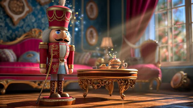 A nutcracker is standing in front of a table with a teapot on it. The room is decorated with Christmas ornaments and a red couch