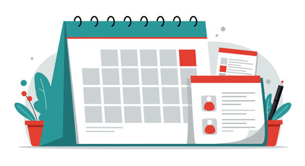 Desk calendar with notes and plant elements in a modern flat style