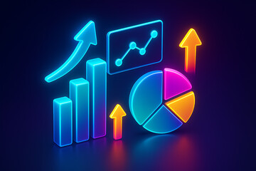 3D Neon Illustration of Business Elements with Graph, Arrow, and Chart for Modern Corporate Design Background, Perfect for Finance, Marketing, Analytics, Growth, and Technology Concepts