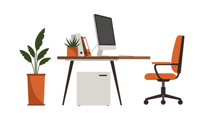 Modern minimalist office workspace with computer and plant elements