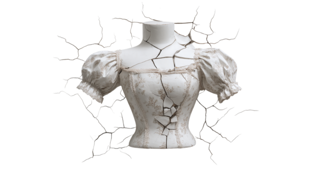 Cracked porcelain torso with floral blouse isolated on transparent background
