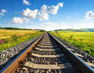 A perspective view of railway tracks stretching into a vibrant landscape under a clear, sunny sky.