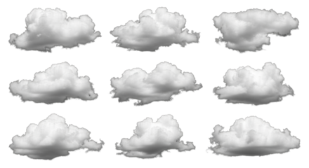 Diverse fluffy white volumetric cumulus clouds with detailed textures, isolated on a deep black studio background, clean, precise cut-out for digital compositing. Concept of atmospheric elements