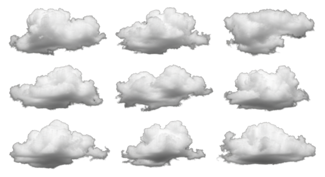 Diverse fluffy white volumetric cumulus clouds with detailed textures, isolated on a deep black studio background, clean, precise cut-out for digital compositing. Concept of atmospheric elements