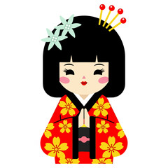 Japanese doll in traditional kimono with floral patterns.