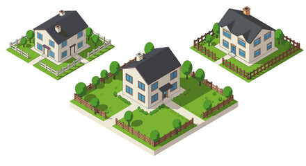 Charming isometric houses with fenced gardens and pathways