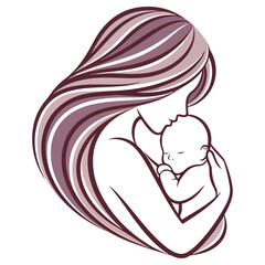 Mother cradling newborn baby in loving embrace illustration.