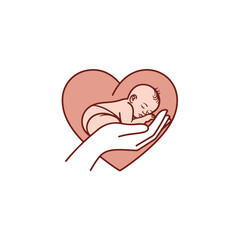 Newborn baby sleeping peacefully in the protective hand of love.