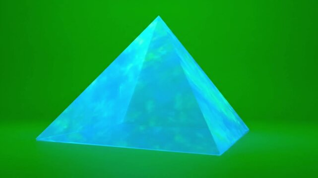 Glowing translucent pyramid with ethereal blue patterns on vibrant green background