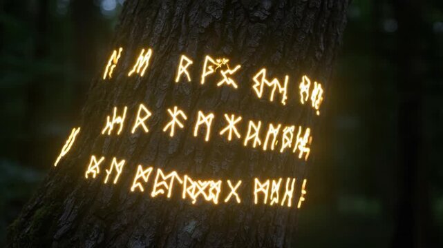 Mysterious ancient runes glowing on a tree trunk in the dark forest.