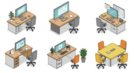 Isometric office workspace set: modern desks with computers, chairs, and plants
