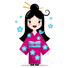 Japanese girl in traditional kimono with floral patterns and bird.