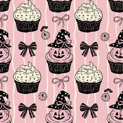 Retro Halloween Cupcake Pattern With Witch Hat And Bows In Vintage Seamless Vector Style