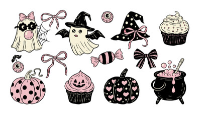 Retro Halloween Vintage Whimsical Clipart Spooky Print Set With Ghost, Pumpkin, Cupcake, Eyeball, Witch Hat And Cauldron