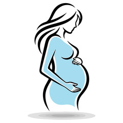 Pregnant woman silhouette, expecting a baby, holding belly.