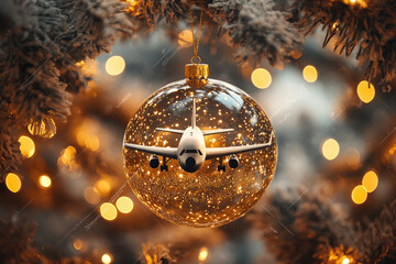 Airplane inside christmas tree ornament symbolizing holiday travel with golden bokeh and snowy christmas tree branches creating festive atmosphere