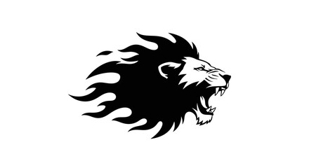 A fierce black lion's head with a fiery mane, roaring aggressively against a white background.